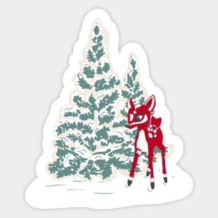 Vintage Christmas Tree Cookie with Red Baby Deer Ornament in Snow Sticker